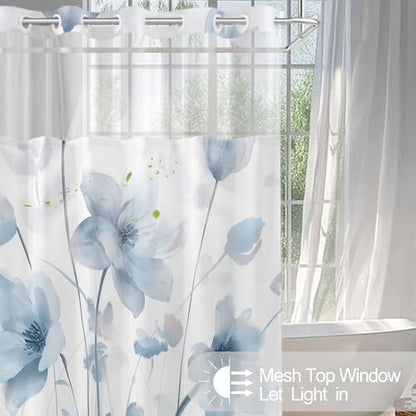 No Hook Shower Curtain and Liner Set, Blue Boho Floral 71x74