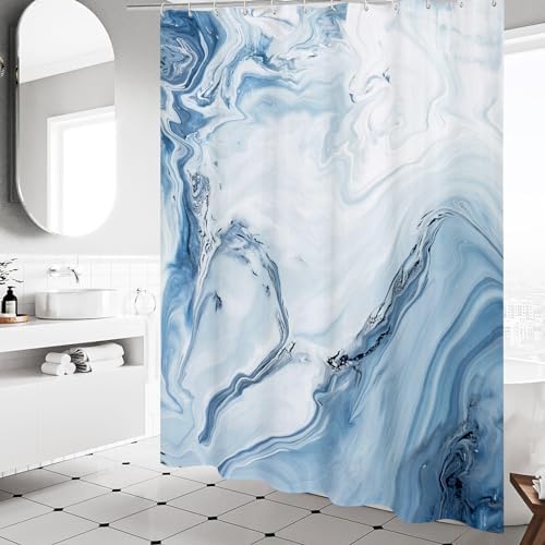 Blue Marble Fabric Shower Curtain, Abstract Watercolor, 48 x 72 Inches