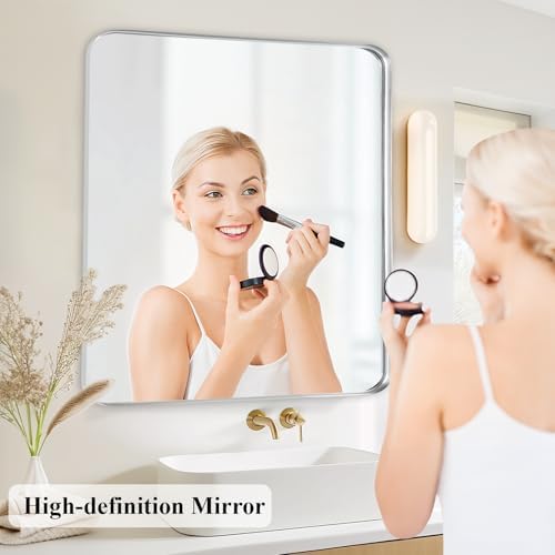 Silver Bathroom Vanity Mirror Over Sink 28x28, Wall Square Mirror, Chrome