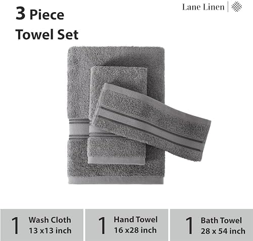 LANE LINEN Bathroom Towel Set 3 Piece Soft Absorbent Quick Dry - Cool Grey