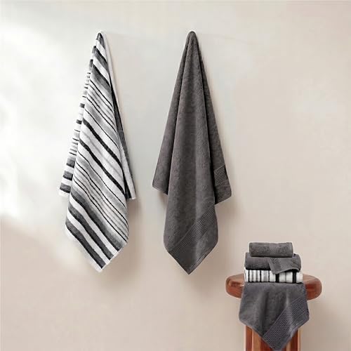 Modern Threads 6 Piece Bath Towel Set – Bathroom Towel Set with 2 Bath Towels, 2 Hand Towels & 2 Washcloths – 100% Cotton, Soft & Absorbent – Wide Stripe (Gray)