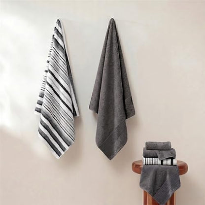Modern Threads 6 Piece Bath Towel Set – Bathroom Towel Set with 2 Bath Towels, 2 Hand Towels & 2 Washcloths – 100% Cotton, Soft & Absorbent – Wide Stripe (Gray)