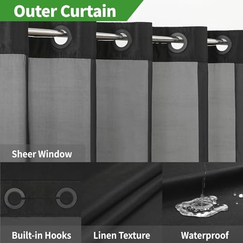 eachope No Hooks Needed Linen Textured Shower Curtain with Snap-in Fabric Liner Set,Black Hotel Luxury Decor Shower Curtains for Bathroom with Mesh Top Window,Waterproof & Washable,71Wx74H
