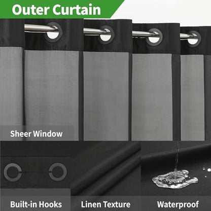 eachope No Hooks Needed Linen Textured Shower Curtain with Snap-in Fabric Liner Set,Black Hotel Luxury Decor Shower Curtains for Bathroom with Mesh Top Window,Waterproof & Washable,71Wx74H