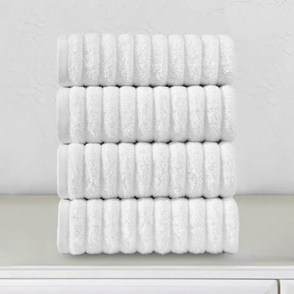 Elegant Comfort Luxury 100% Turkish Cotton Corduroy Ribbed 4 Pack Hand Towel Set 16 x 28 Inch - Absorbent, Super Soft, Quick Dry, Premium Towels for Bathroom, Gym, Spa and Hotel Use, White