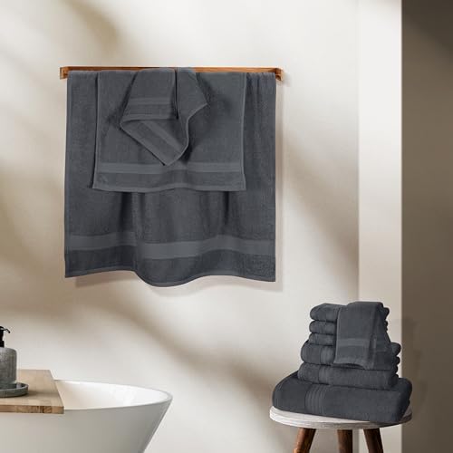 GLAMBURG Ultra Soft 24-Piece Towel Set - 100% Pure Ringspun Cotton, Contains 8 Oversized Bath Towels 27x54, 8 Hand Towels 16x28, 8 Wash Cloths 13x13- Ideal for Everyday use, Hotel & Spa- Charcoal Grey