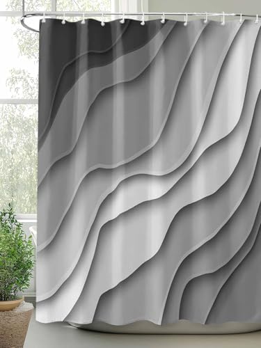 Shower Curtain Bathroom Set Black Grey Ombre Gradient Water Ripple Waterproof Shower Curtains with Grommets Hooks Abstract Lines Modern Art Privacy Bath Curtain for Bathtub Decor 60x72in
