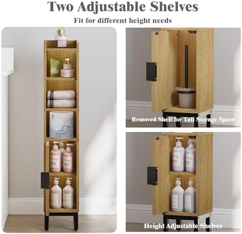 FerniTry Narrow Bathroom Storage Cabinet, Corner Toilet Paper Floor Cabinet 5 Tiers with Door and Shelves,Bathroom Organizer with Adjustable Shelf, for Small Spaces (Oak)
