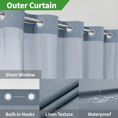 eachope No Hook Fabric Shower Curtain with Snap-in Liner,71x74 Blue Grey