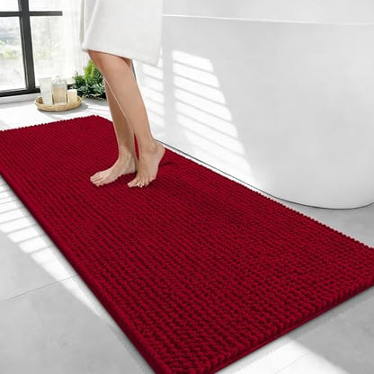 OLANLY Thick Chenille Bathroom Runner Rugs 44x24, Absorbent Bath Mat, Red