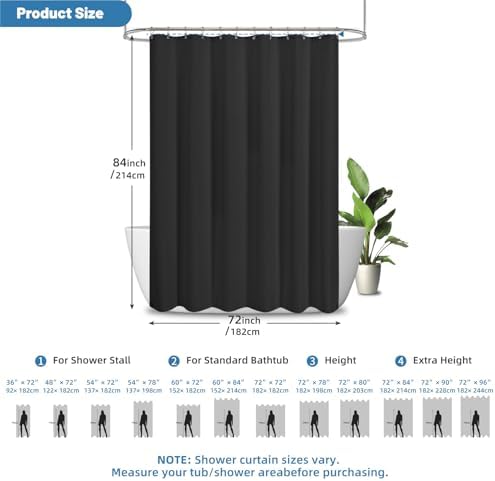 2-in-1 Waterproof Fabric Shower Curtain - No Separate Liner Needed, Hotel-Style Waffle Weave, Effortless Cleaning & Washable Bathroom Shower Curtain Set,72Wx84H,Black