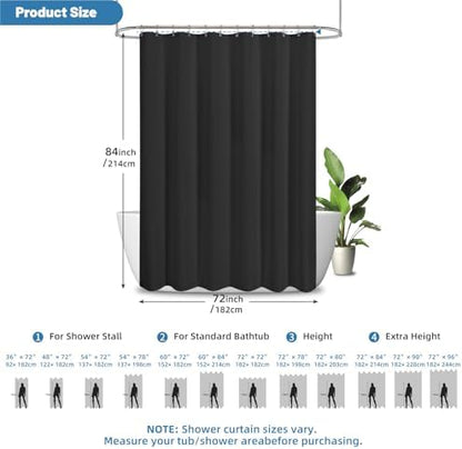 2-in-1 Waterproof Fabric Shower Curtain - No Separate Liner Needed, Hotel-Style Waffle Weave, Effortless Cleaning & Washable Bathroom Shower Curtain Set,72Wx84H,Black
