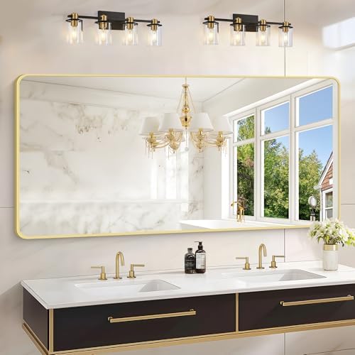 30"x60" Gold Bathroom Mirror, Large Rectangle Wall Mounted Mirror with Rounded Corner, Aluminum Metal Frame Vanity Mirror for Bathroom Bedroom Living Room