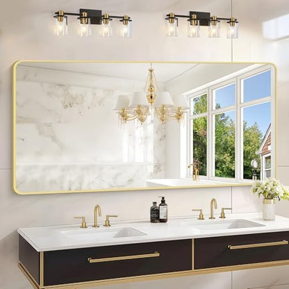 30"x60" Gold Bathroom Mirror, Large Rectangle Wall Mounted Mirror with Rounded Corner, Aluminum Metal Frame Vanity Mirror for Bathroom Bedroom Living Room