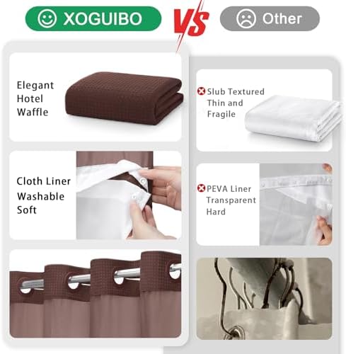 No Hook Shower Curtain with Liner Set Hotel Waffle Curtain Brown 72W X 75L