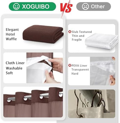 No Hook Shower Curtain with Liner Set Hotel Waffle Curtain Brown 72W X 75L