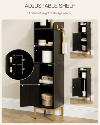 Bathroom Storage Cabinet, Small Corner Floor Hutch with 2Hooks,Narrow Toilet Paper Cabinet with Adjustable Shelf,Morden Bathroom Organizer for Small Spaces,Black