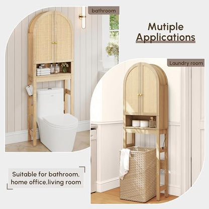 HMstone Over The Toilet Storage Cabinet, Arched Bathroom Organizer and Storage with Rattan Doors and Adjustable Shelf, Space-Saving Freestanding Bathroom Modern Storage Cabinet Over Toilet (Natural)