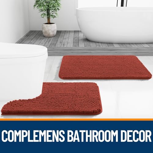 OLANLY Chenille Bath Rugs Sets 2 Piece, 24"x16"+24"x20", Rustic Terracotta