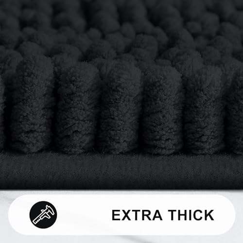 Grandaily Chenille Striped Bathroom Rugs 59x35, Extra Thick and Absorbent Bath Mats, Non-Slip Soft Plush Shaggy Shower Carpet, Machine Wash Dry, Bath Rug for Bathroom, Black