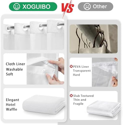 No Hook Shower Curtain with Liner Set Hotel Waffle Curtain White 58W X 75L