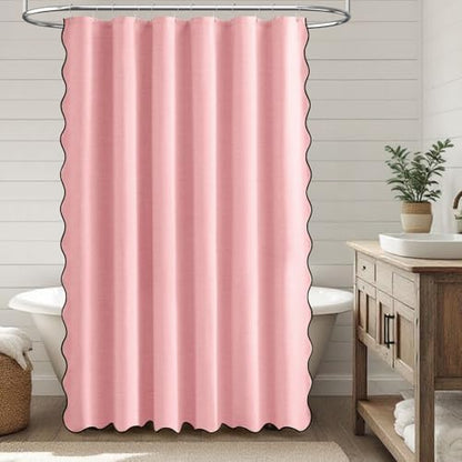 BTTN Pink Boho Scalloped Linen Textured Cloth Shower Curtain Set, 72x72