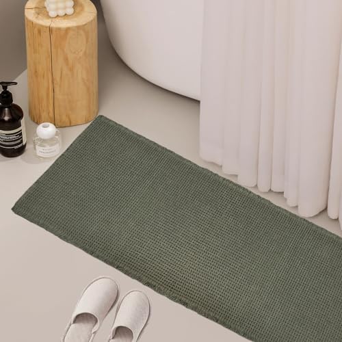 ZALL Waffle Bath Mat,Super Absorbent Non Slip Long Bathroom Runner Rug,Dark Green 24X60inch,Machine Washable Ultra Soft Floor Mats