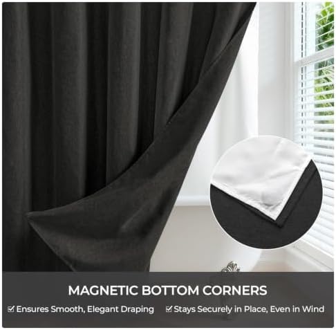 River Dream Linen Textured No Hooks Shower Curtain with Liner,Black,71x74