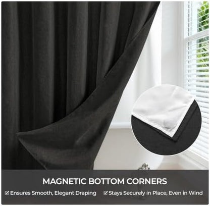 River Dream Linen Textured No Hooks Shower Curtain with Liner,Black,71x74