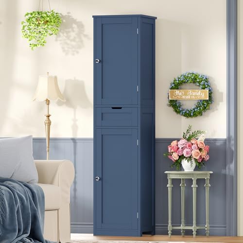 Iwell 66.9" Tall Bathroom Cabinet, Storage Cabinet with 2 Doors & 1 Drawer, Bathroom Storage Cabinets with Adjustable Shelves, for Living Room, Laundry Room, Home Office, Blue