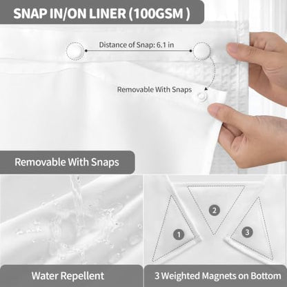 Dynamene White Hook Free Waffle Shower Curtain & Snap-in Fabric Liner,72x83