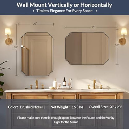 MIRRORART 20x28’’ Scalloped Bathroom Mirror, Brushed Nickel Framed Decorative Wall Mirror, Elegant Rectangle Vanity Mirror for Bathroom, Bedroom & Entryway, Modern Farmhouse Home Remodel