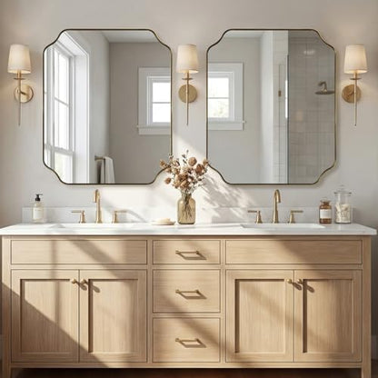 ANDY STAR 30"x36" Gold Bathroom Mirror, Brushed Brass Rectangle Mirror for Bathroom, Scalloped Vanity Mirror in Anti-Rust Stainless Steel Metal Thin Frame, Wall Mount Vertical or Horizontal