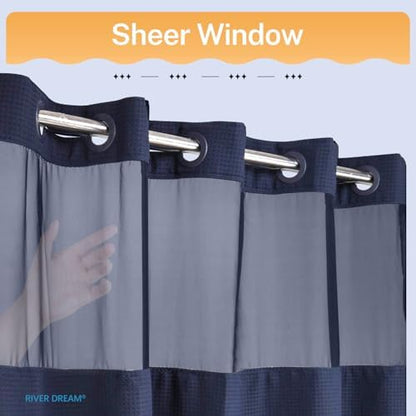 River Dream Heavyweight Waffle No Hook Shower Curtain with Liner,Navy,71x86