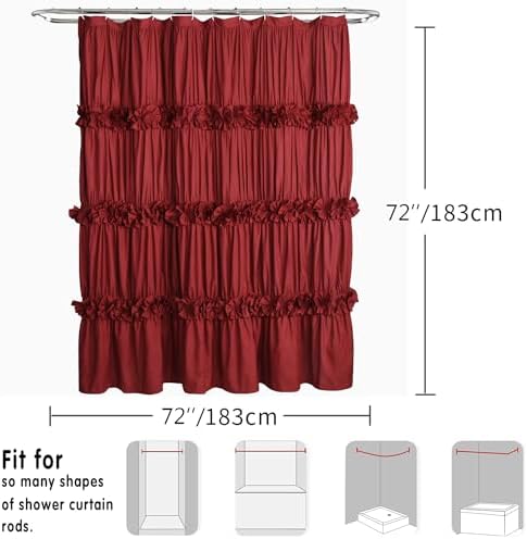 Homechoice Decor Burgundy Ruffle Shower Curtain, Vintage Handcrafted Bow Tie Bath Curtain for Master Bathroom, Ruched Microfiber Bathroom Curtain with 12 Buttonholes, 72" W x 72" H (LQ-10)