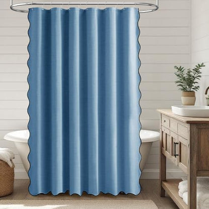 BTTN MoonlightBlue Boho Scalloped Linen Textured Shower Curtain Set, 72x72