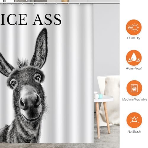 Funny Donkey Nice Ass Shower Curtain Gag Gift Farmhouse Decor Animal Black and White Novelty Sarcastic Rustic Bathroom Bath Decor Bathtub Curtain Fabric Shower Curtain Set with 12 Hooks, 72"x72"