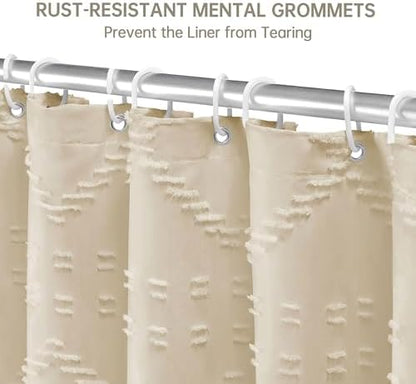 Siiluminisoy Boho Farmhouse Shower Curtain - Woven Fabric Cream/Beige, 60 x 72 Tufted Chevron Textured Striped Modern Minimalist for Bathroom