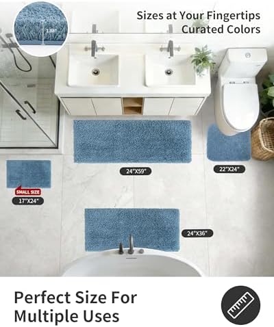 ILANGO Blue Bathroom Rugs 32" × 20" Non Slip & Super Absorbent Extra Thick Soft, Washable Bath Mat for Floor, Microfiber Plush Shaggy Bath Rug with Rubber for Bathtub Shower Room Sink