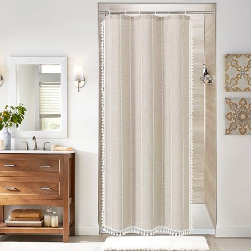 Boho Farmhouse Tassel Linen Shower Curtain,3D Embroidery Stripe Cream,36x72