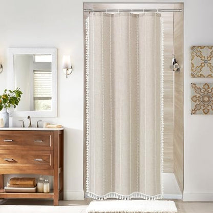Boho Farmhouse Tassel Linen Shower Curtain,3D Embroidery Stripe Cream,36x72