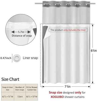 No Hook Shower Curtain Snap-in Fabric Replacement Liner 71" W x 61" L