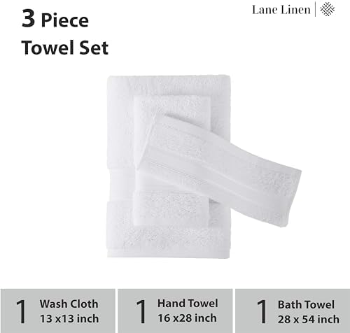 LANE LINEN Bath Towel Set 100% Cotton 3 Piece Soft Absorbent - White