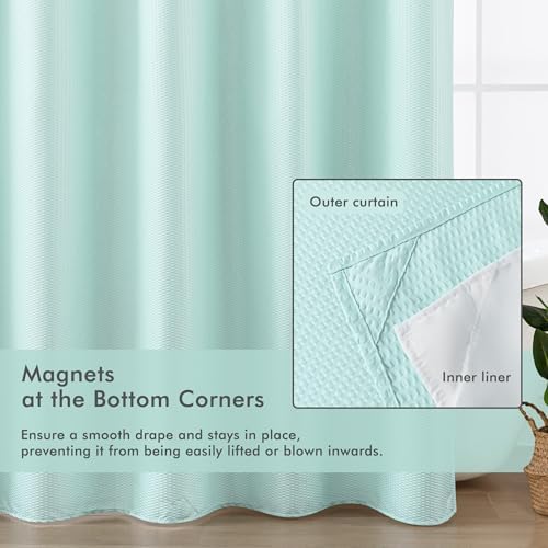 Mrs Awesome No Hook Shower Curtain with Snap-in Liner, Embossed Waffle Design Fabric Shower Curtain for Bathroom, Soft & Lightweight, 71x74, Sky Blue