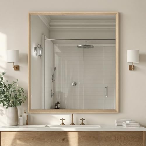 Oak Wood Effect Framed Wall Mirror, 36x40 Rectangle Mirror