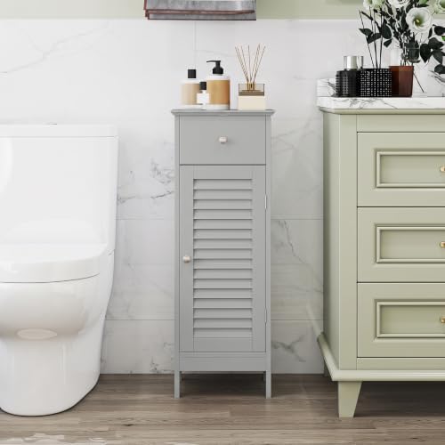 GIANTEX Bathroom Floor Storage Cabinet with Louvered Door and Drawer, Grey