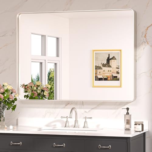 Keonjinn 40 x 30 Inch Brushed Nickel Bathroom Vanity Mirror, Tempered Glass