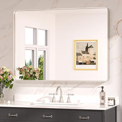 Keonjinn 40 x 30 Inch Brushed Nickel Bathroom Vanity Mirror, Tempered Glass