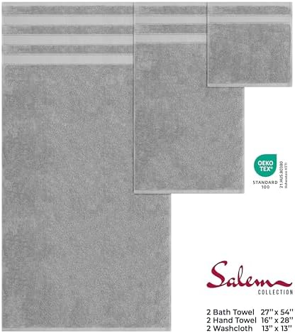 American Soft Linen Salem Turkish Bath Towel Set, 100% Cotton 600 GSM 6 Piece Towels for Bathroom, 2 Bath Towels 2 Hand Towels 2 Washcloths, Light Grey