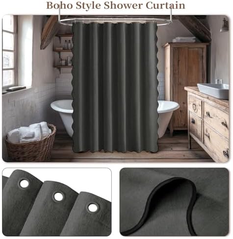 BTTN Charcoal Grey Boho Scalloped Linen Textured Shower Curtain Set, 72x72